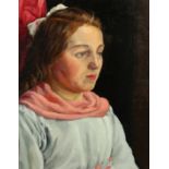 20th Century School, A portrait of a lady in a pink scarf, oil on canvas laid down, 20" x 16".