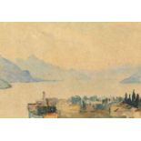 20th Century British School, A scene of a Continental Lake with mountains beyond, watercolour,