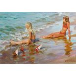 Yuri Krotov (b.1964) Russian, 'Young Sunbathers', signed, oil on canvas 15" x 21.5", 38x55cm.