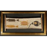 Aboriginal School, 20th Century, Depictions of animals on a natural wood panel, mixed media, 12" x