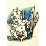 M F Husain (1915-2011) India, a colour serigraph of a stylised elephant, 19" x 13", (unframed).