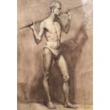 20th Century Russian School, A study of a standing male figure carrying a piece of wood, charcoal,