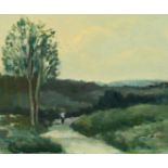 H.E. Lewis (20th Century) British, Figures on a pathway at dusk, oil on panel, signed with initials,