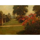 Tom Mostyn R.I (1864-1930) British, A garden scene with rose bushes, oil on board, signed, 10.25"