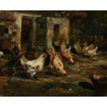 A. Leroy (19th/20th Century) French, Chickens in a barnyard, oil on carton, signed, 7" x 8".