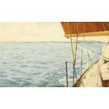 Manner of Arthur Briscoe, View of a coastline from on board a yacht, watercolour, 10.5" x 17.25".