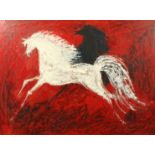 Mary Fitzgerald (b.1956) Irish, A black and white horse on a red background, oil on board, signed
