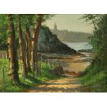 A. Allard (Mid-20th Century) French School, A pathway leading to a rocky cove with a French town