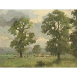 Circle of Campbell Mellon, Cattle in a pastoral landscape, oil on panel, 7.5" x 10".