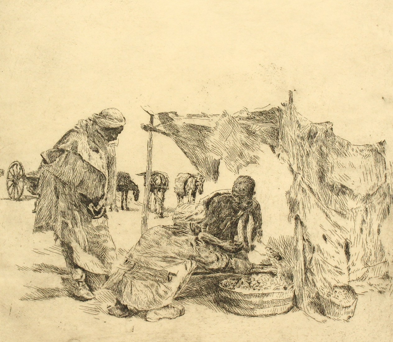 Erich Wolfsfield (1885-1956) German, A North African scene of wayfarers buying provisions,