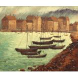 Mid-20th Century Continental School, Fishing boats moored in a harbour with buildings and