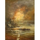 Circle of Aivazovsky or Zonsro? A mosque at the coast by moonlight with fishing boats, oil on