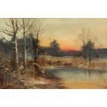 F. Walters, A Winter woodland pond at sunset, oil on canvas, signed, 20" x 20". (unframed) (a/f).