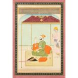 Sikh School, a miniature painting of a Prince with a hawk and a servant in attendance, 12" x 8", (