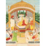 Lakshmi, Saraswati and Ganesha in a temple with figures in attendance, 12" x 9", (unframed).