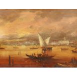Continental School, Sun setting over Venice with sailing boats, oil on canvas, indistinctly