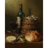 Brian Davies, (1942-2014) British, still life of wine, bread, cheese and gherkins, oil on canvas,