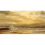 David Dipnall, Beach scene with wave breakers and gulls, oil on canvas, signed, 16" x 29.75".