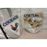 A pair of Courage Brewery shield shaped glass signs painted with the Courage cockerel.