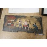 A small painted wooden panel depicting a rural scene with musicians.