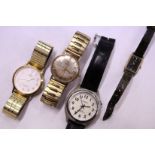 A gentlemen's 9ct gold cased Omega wristwatch with later strap and three other watches.