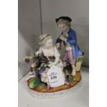 A continental porcelain group of two children, one playing a musical instrument, one feeding