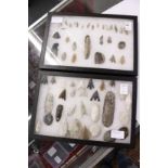 Two cases containing Neolithic and other flint arrow heads etc.