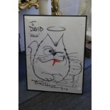 Tony Hart, an original caricature of a cat "To David, Halo" signed and dated 14/5/90.