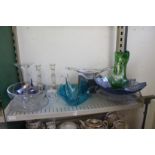A Mary Gregory style green glass jug and other glass ware.