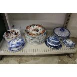 Blue and white plates, an Imari decorated comport etc.