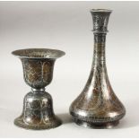 A 19TH CENTURY INDIAN BIDRI SPITOON, 14cm high, together with a bidri vase, 23cm high.