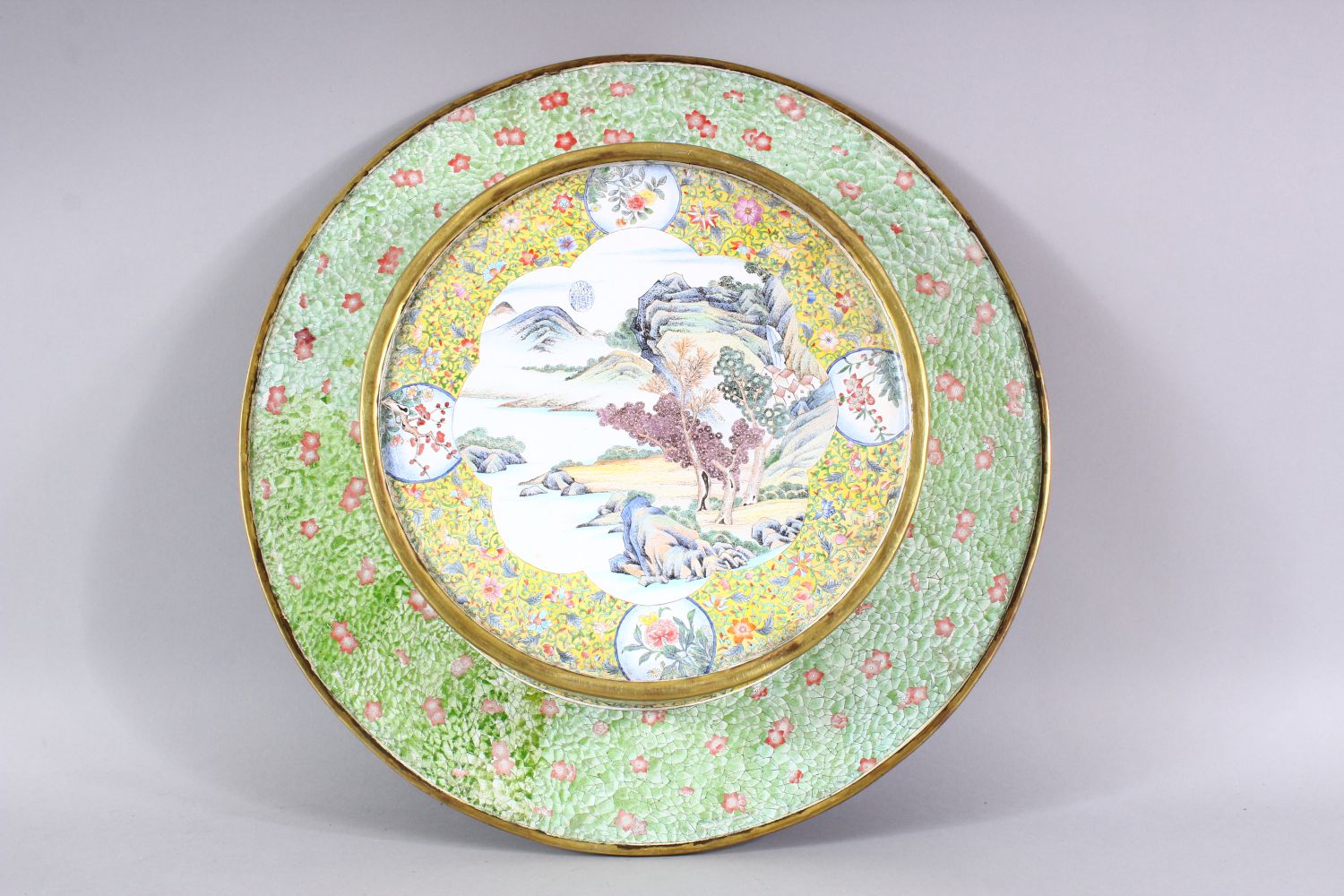 A LARGE & HEAVY CHINESE BEIJING ENAMEL / CLOISONNE DISH - decorated with European scenes of - Image 3 of 4