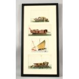 FOUR CHINESE PITH PAINTINGS, each depicting different styles of boats, framed as one, largest