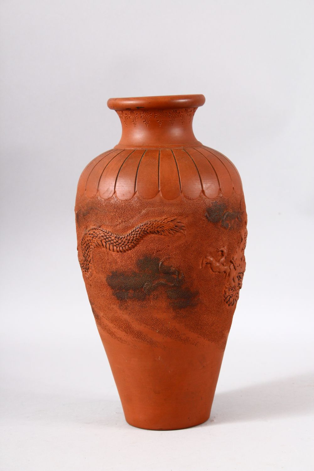 A CHINESE YIXING CLAY MOULDED VASE - The body decorated with raised dragons, 31.5cm - Image 2 of 6