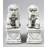 A PAIR OF CHINESE BLANC DE CHINE / DEHUA PORCELAIN TEMPLE LIONS - one with its foot upon a ball