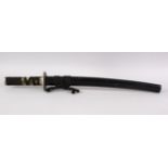 A JAPANESE MEIJI PERIOD WAKIZASHI / TANTO - with a black lacquer sheath, a shagreen style cord