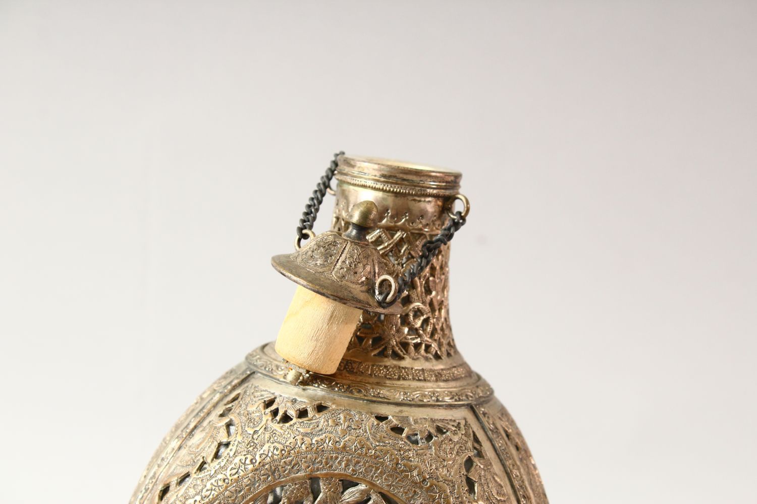 A PERSIAN OPENWORK LIDDED DECANTER, with carved panels of figures 25cm - Image 4 of 6