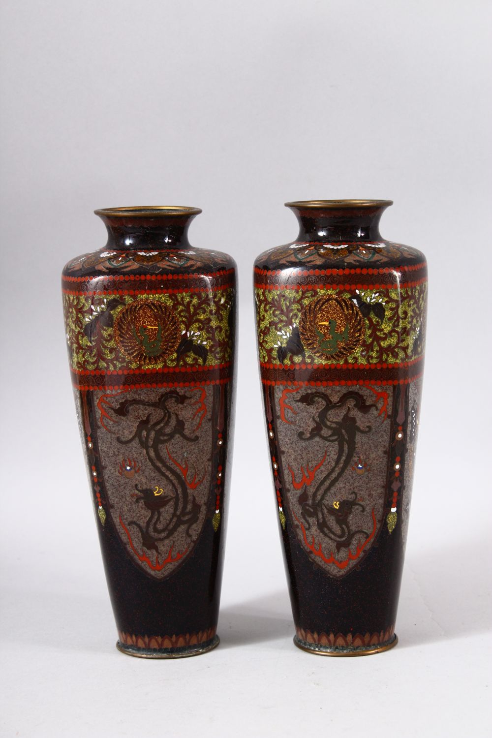 A PAIR OF JAPANESE CLOISONNE VASES, with panels of phoenix and dragons, both 24.5cm high. - Image 4 of 6