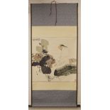 A CHINESE SCROLL PAINTING OF A STYLISED FIGURE amongst flora, image size 66cm x 66cm.