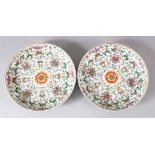 A PAIR OF CHINESE FAMILLE ROSE PORCELAIN DISHES, painted with bats, fish, peaches and flora, six