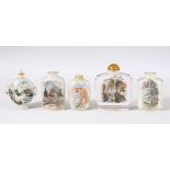 A MIXED LOT OF 5 CHINESE REVERSE PAINTED SNUFF BOTTLES - each depicting birds, butterflies,