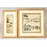 H.J. JOHNSON RI; AN INK SKETCH MONTAGE with depictions of Japanese scenes, pencil signed, image 28cm