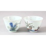 TWO CHINESE PORCELAIN CUPS, painted with native flora and script, both with six character mark to