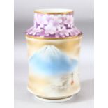 A JAPANESE MOUNT FUJI PORCELAIN VASE, the body painted with an atmospheric view of mount fuji with