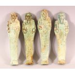 A LOT OF FOUR ANCIENT EGYPTIAN POTTERY USHABTI FIGURES - Each with a turquoise glaze and Egyptian