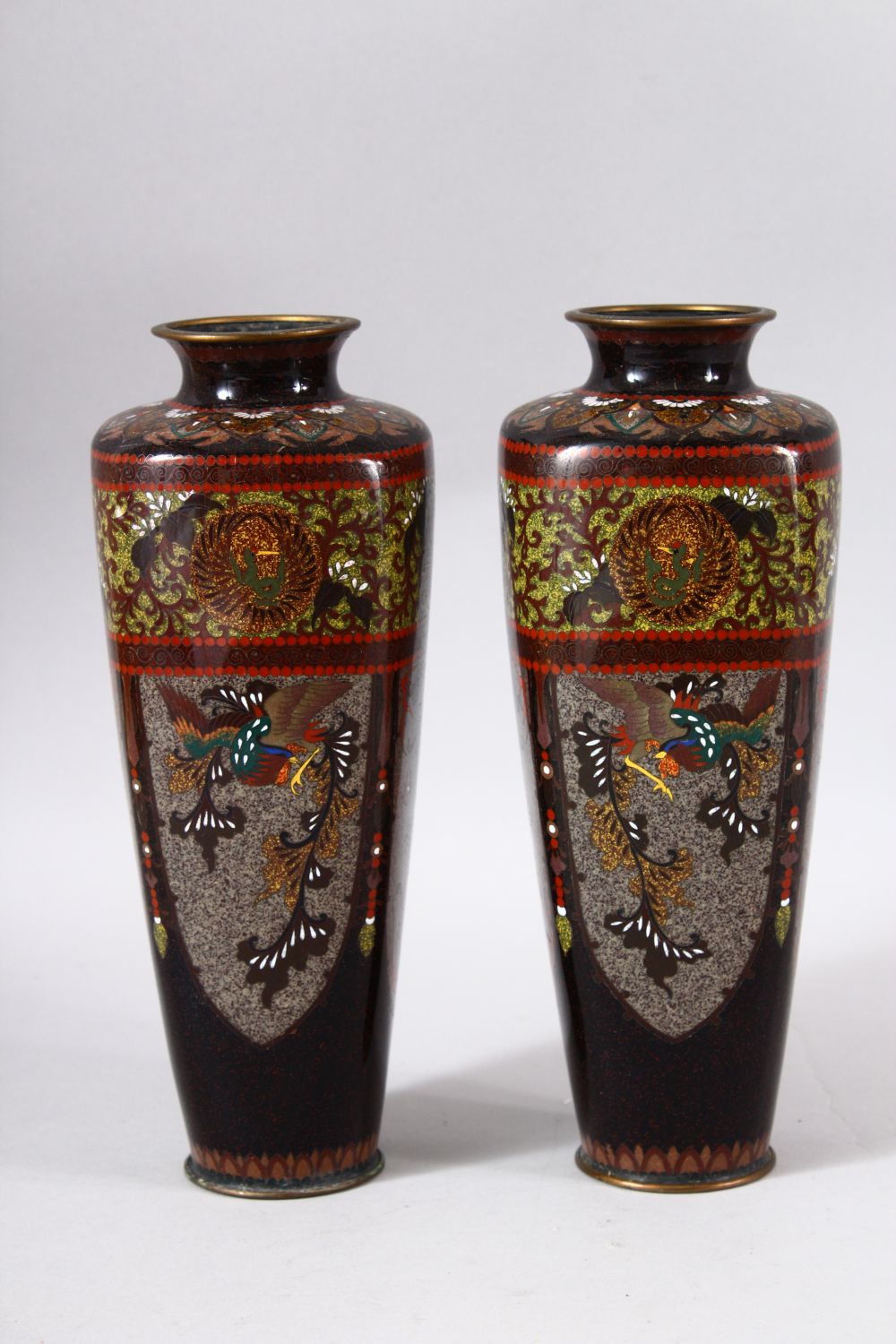 A PAIR OF JAPANESE CLOISONNE VASES, with panels of phoenix and dragons, both 24.5cm high. - Image 3 of 6