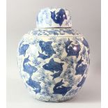 A LARGE CHINESE BLUE AND WHITE PORCELAIN JAR AND COVER, profusely decorated with fish, 37cm high