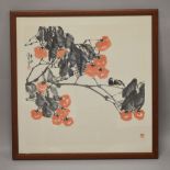 A 20TH CENTURY CHINESE INKWORK PICTURE OF BIRDS AND PEACH TREES - signed and sealed, framed