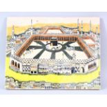 A LARGE ISLAMIC TURKISH POTTERY TILE DEPICTING THE PLAN OF MECCA - 37.5CM X 29CM