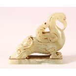 A CHINESE CARVED JADE FIGURE OF A BIRD, 7.5cm.